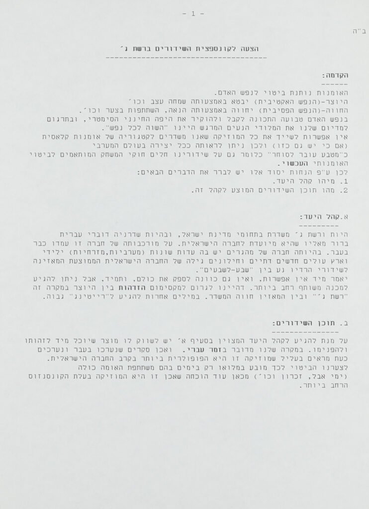 הצעה לקונספציית השידורים ברשת ג' מאת אברהם זיגמן